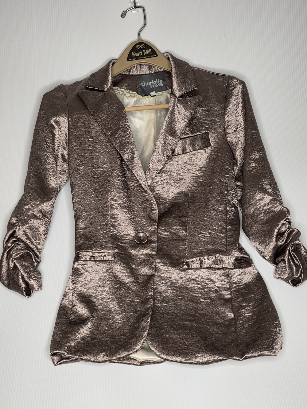 Charlotte Russe Metallic Bronze Ruched 3/4 Sleeve Blazer Jacket Shimmer Size S